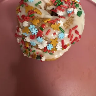 The cute holiday sprinkle donut order!