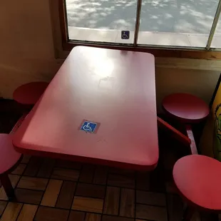 a red table and four red chairs