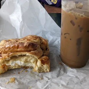 Croissant with cream cheese and iced coffee