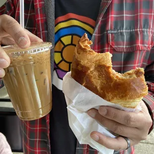 Iced coffee and ham cheese croissant