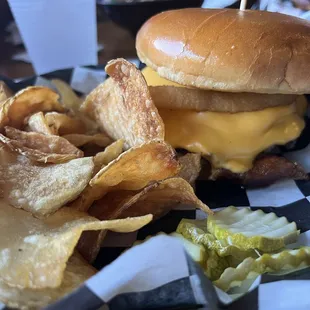 Boss Hog Burger with homemade tavern chips!