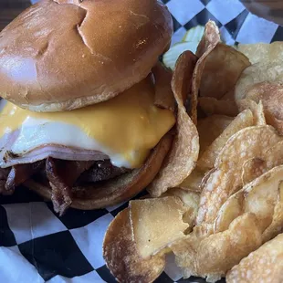Boss Hog burger with tavern chips
