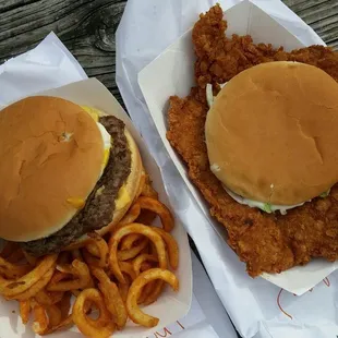 Giant pork tenderlion, a double cheeseburger and curly fries!