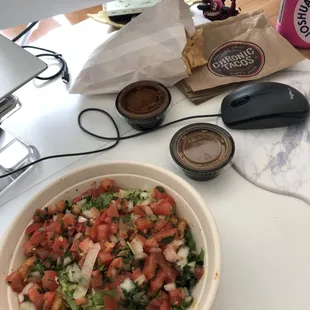 Chronic Salad with shrimp, and Chips and Salsa.