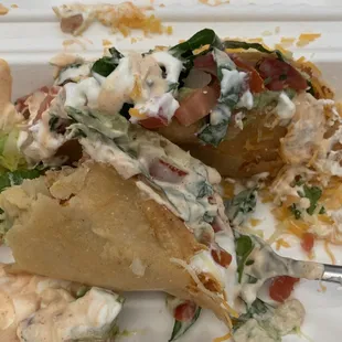 Potato Tacos (with guac, sour cream, baja sauce, lettuce, tomato)
