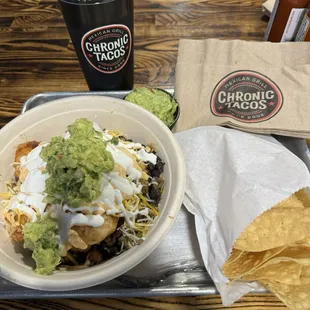 Surf &amp; Turf Burrito in a bowl.  Some Chips &amp; Guacamole
