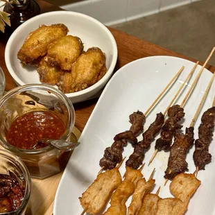 Chicken wings, friend chicken skewers and beef skewers