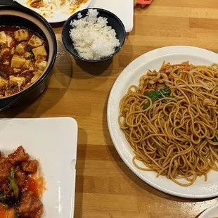 Mapo Tofu, Orange Chicken, chicken Lo Mein Noodle, Scallion Pancake