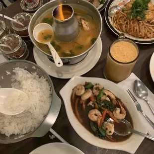 Steamed White Rice, Spicy Seafood Soup, Shrimp Chili Garlic, Pad See Ew, Pad Thai, Thai Iced Tea.