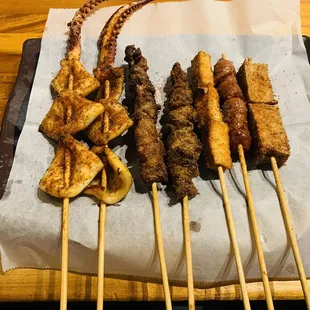 2 Squid BBQ Skewer, 2 Lamb BBQ Skewer, Fish Tofu BBQ Skewer, Mini Pork Sausages Skewer, Fried Tofu BBQ Skewer