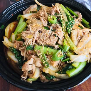 M2 Spicy Dry Pot $21.95:  customized - less spicy, pork belly, beef slices, cow louver (tripe), enoki mushroom