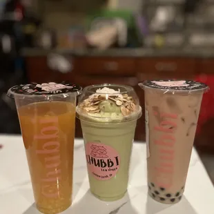 Earl Grey Tea, Sunset Mango Fruit tea, Avocado Durian Smoothie