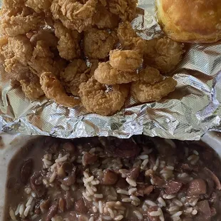 Shrimp dinner with red beans