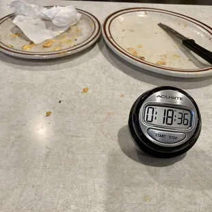 a plate of food and a digital timer