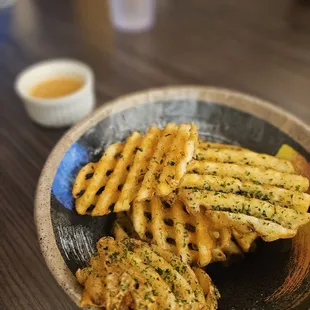 Complimentary waffle fries with curry aioli