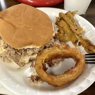 Pulled pork sandwich, fried pickles &amp; onion rings