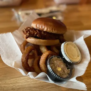 Chicken sandwich and rings