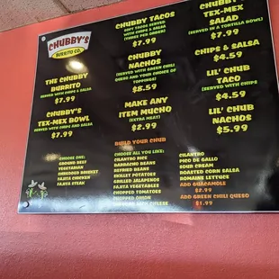 Menu board at Chubby's Burrito