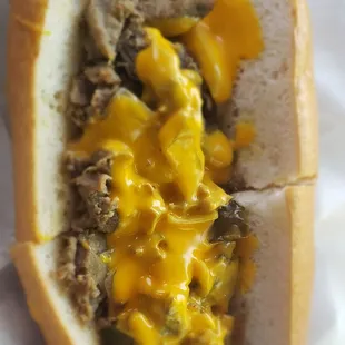 Look at all that open bread in the Philly cheesesteak, very skimpy.