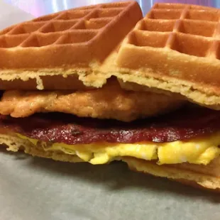 The very impressive Chicken &amp; Waffle Sandwich. This thing was huge and amazing!