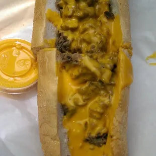 Top view with steak and cheese wiz.