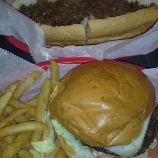 Jalepeno Burger and fries and BBQ cheesesteak
