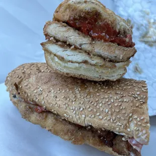 Paisano - chicken cutlets, sharp provolone, garlic mayo, roasted red peppers. Drippy, but delicious.