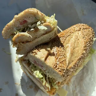 Hot Fuzz - chicken cutlets, buffalo sauce, pepper jack cheese, blue cheese sauce, lettuce, tomato on a Liscio's seeded roll. Delicious!