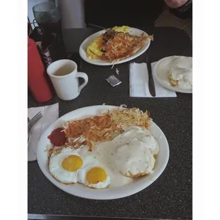 Biscuits and gravy, sunnyside up eggs, hashbrowns and a cup of cappuccino at Chubby's. Great place for breakfast &amp;conversation.