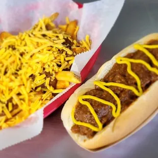 Chili dog with chili cheese fries