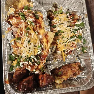 Brisket, loaded baked potato, brisket taco, smoked party wings and brisket nachos