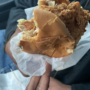 Chicken usually butterflied to fit the bun but it looked like an arrowhead shape. Flavor was still there and the crunchy.