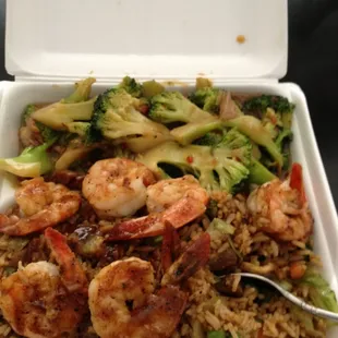 Grilled shrimp, Chinese veg and fried rice