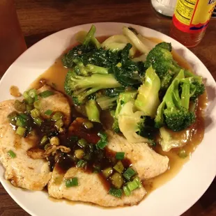 Grilled fish and Chinese veg plate