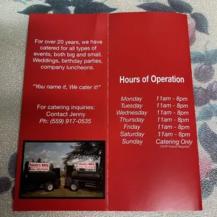 Menu- hours of operation and catering info