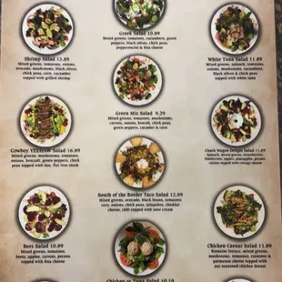 a menu for salads