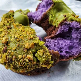 Ube cake w/matcha frosting and pistachios