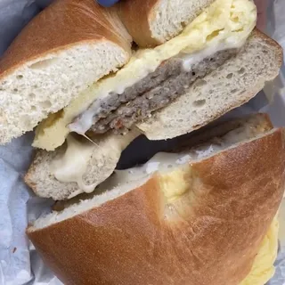 Bagel sandwich Sausage, Eggs, cream cheese and Cheese