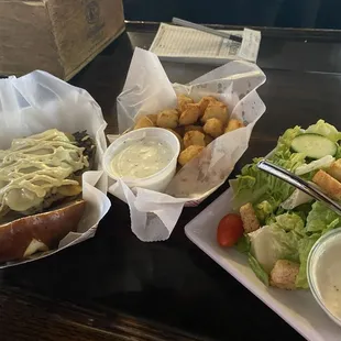 Brat burger (special of the day), cheese curds, side salad