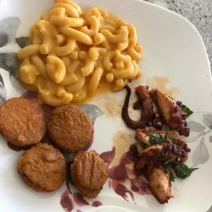 Octopus, Mac and cheese, fried pickles!