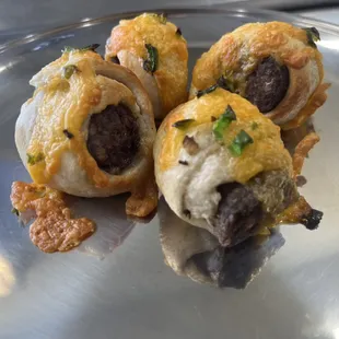 Sourdough bagel sausage bites with beer cheese sauce