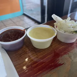 Sauces and picked veggies from the bar