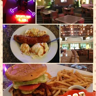 Steak burger &amp; tempura banana with caramel drizzle vanilla ice cream