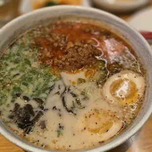 Sesame garlic ramen with ground pork, extra egg, and woodear mushroom