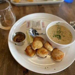 Seared scallops with chipotle bourbon butter, a side of clam chowder