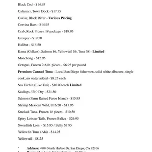 Sample seafood price list