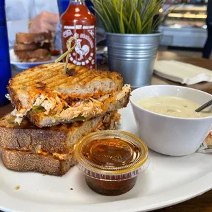 Delicious Green Chile Tuna Melt - Albacore, hatch chile, spiced oaxaca cheese, noble bread, chimichurri and Clam Chowder! Fantastic!