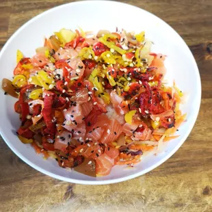 Custom salmon bowl with sweet peppers and rice. This one needed some greens. $24