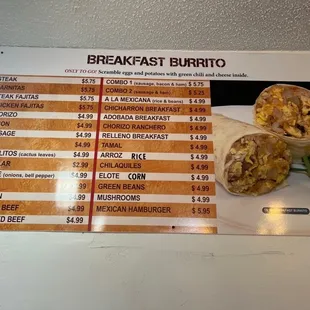 Burrito menu as of August 3, 2022.