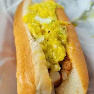 a hot dog with mustard